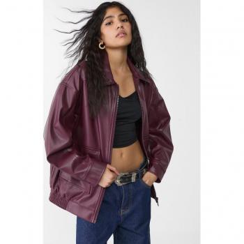 Burgundy Faux Leather Aviator Jacket S