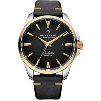 Meccaniche Veneziane Automatic Watch Redentore 4.0 Black Dial IP Yellow Gold Bezel with Leather Strap