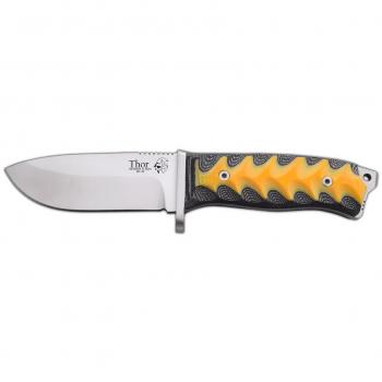 Cuchillo de Supervivencia THOR J&V con mango Micarta bicolor, hoja de 12 cms y funda negra de piel multiposición. Herramienta de Camping para Pesca, Caza y Actividades Deportivas al Aire Libre