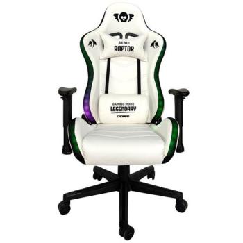 Silla Gaming RGB Cromad Raptor Legendary - Altura Regulable, Reclinable 180°, Cojines Lumbar y Cervical, Ruedas de Nailon 60mm, Color Blanco