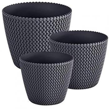 Wellhome Pack 3 Macetas Redondas Splofy de Plástico Antracita con Capacidad 5/11.5/28.2 Litros