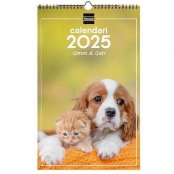 Finocam - Calendario de Pared Espiral para Escribir 2025 con Imágenes de Perros y Gatos en Catalán, Mes Vista, Enero 2025 - Diciembre 2025 (12 meses), tamaño 25