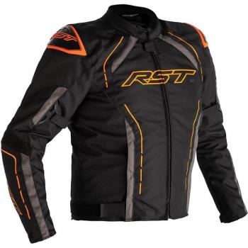 RST S-1 Chaqueta textil de motocicleta Negra, Gris y Naranja con características como protección CE en codos y hombros, material resistente al desgaste, paneles de ventilación, ajuste en cintura y puños, reflectantes para