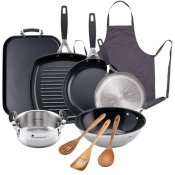 Set de Cocina 8 Piezas: Sartenes Ø16/Ø24, Wok Ø28, Cacerola Ø12, Plancha 32x23, Grill 28x28 en Aluminio + Utensilios de