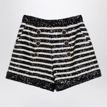 Balmain Women's Black/White Striped Sequined Shorts, Size 36, DF1PA265XJ31