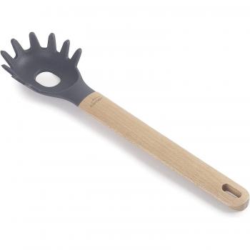 Servidor de Espaguetis Profesional Lacor, Cuchara de Pasta de Silicona con Mango de Madera, Resistente a Altas Temperaturas, Libre de BPA, 32.5 cm, Gris
