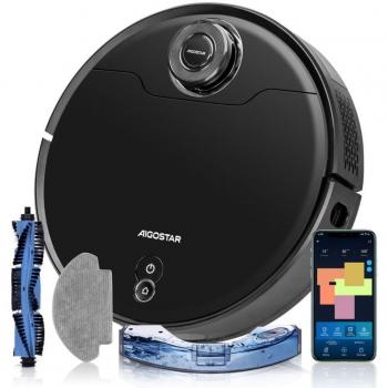 Aigostar Robot aspirador y friegasuelos, sistema inteligente de navegación láser LDS, 2700Pa, mapeo inteligente, especialista alfombras, pelo de mascotas. Wifi, Alexa y Google home - Blackhole