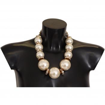 Elegant White Maxi Faux Pearl and Crystal Gold Chain Necklace