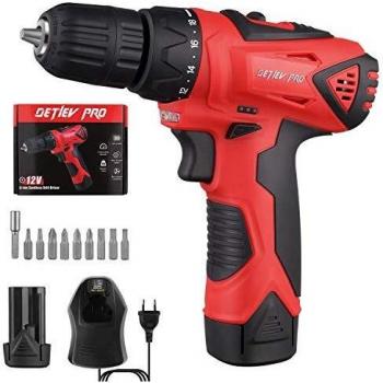 Taladro Atornillador 12V, DETLEV Pro Destornillador Eléctrico 2 Velocidades Par Máx 28N.m 18+1 con 1 Batería Recargable de iones de Litio 2000mAh
