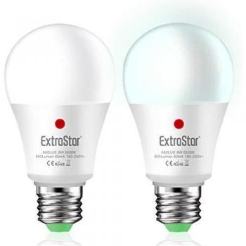 Bombilla con Sensor Crepuscular, EXTRASTAR Bombillas E27 LED Sensor, 9W Equivalente a 72W, Luz fría 6500k, Amanecer hasta el Atardecer Encendido/Apagado Automático, Para Camino, Jardín 2 piezas