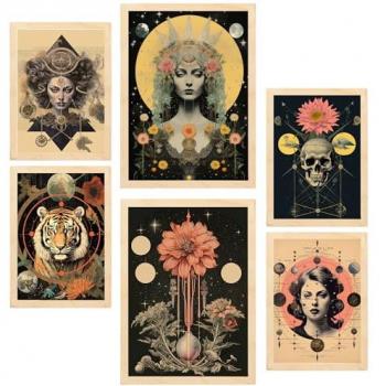 Set de 6 Pósters Collage Surrealista Esotérico Místico para Decorar Paredes del Hogar - Tamaños A3 y A4 Sin Marco