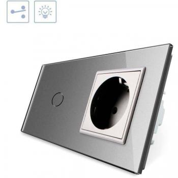LEDBOX Conmutador táctil 1 botón + 1 enchufe frontal gris