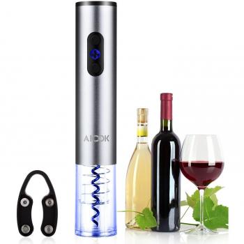 Abrelatas de Vino Aicok, Abridor de Vino Eléctrico, Sacacorchos Eléctrico de Acero Inoxidable, Abridor de Botellas de Vino sin Cuerda con Cortador de Hoja y Base Recargable, Abre hasta 80 Botellas, Plateado