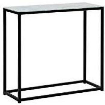 Consola Moderna Efecto Mármol Blanco con Tapa de Vidrio Templado y Base de Metal Negro 80 x 30 cm