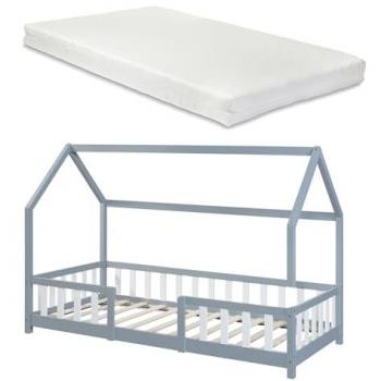 Cama infantil Sisimiut forma de casa con colchón 90x200 cm gris claro/blanco