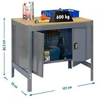 Banco de Trabajo SimonRack BT0, Capacidad de Carga 600 kg, Dimensiones 842x1210x760 mm, Mesa de Trabajo con Guarda Herramientas, Color Gris/Madera