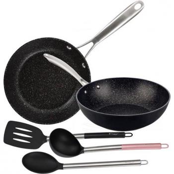 Set de Sartenes y Wok San Ignacio Vita - Sartenes 28x6.0 cm y Wok 28x8.0 cm de aluminio forjado, aptas para inducción, incluye juego de 3 utensilios