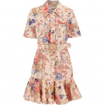 Zimmermann Women's Floral Print Belted Linen Mini Dress in Beige | 9369DRS242CRF