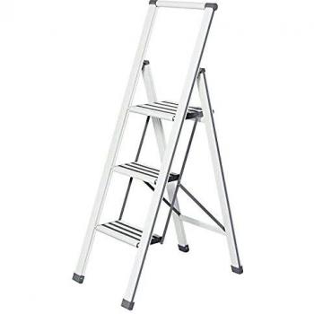 Wenko Escalera Plegable con 3 peldaños, Aluminio, Color Blanco/Gris, 44 x 127 x 5.5 cm, 601016100