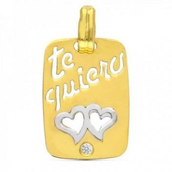 Colgante Oro Bicolor Mujer 18k 20mm Chapa Mensaje Te Quiero Dos Corazones Circonita Calados