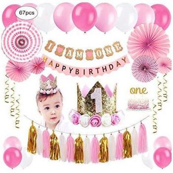 ZNZ DECORACIÓNES para EL Primer CUMPLEAÑOS para BEBÉ - NIÑO NIÑA 1 año Fiesta de Cumpleaños, Globos Pancartas Papel de Abanico Flor y Pastel Topper de Corona de Tiara,Gorra, Diadema, Papel Borla
