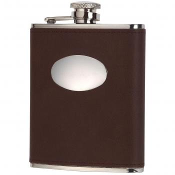 David Nickerson Brown leather 6oz stainless steel hip flask + funnel - gift box