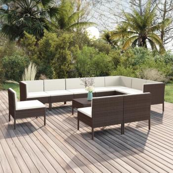 11-Piece Brown Poly Rattan Garden Lounge Set with Cushions