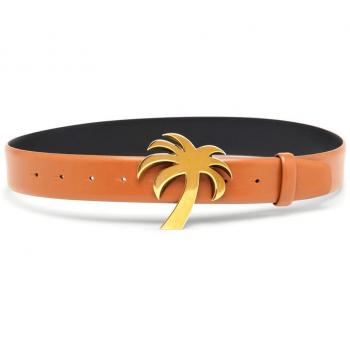 Palm Angels Men's Brown Leather Belt with Gold Buckle, Size 95 CM