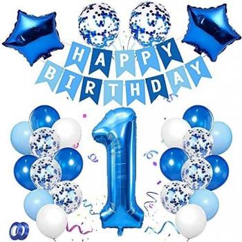 Korins Decoración Cumpleaños 1 Años Azul Globo Azul Número 1 para Niño Niña Pancarta de Feliz Cumpleaños Globos de Látex Confeti Baby Shower