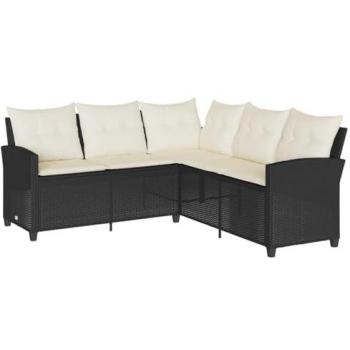 L-Shaped Sofa with Cushions in Black Poly Rattan