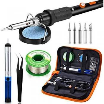 Kit del Soldador,Preciva 60W 220V Soldador de estaño,Temperatura Ajustable 220℃~480℃,5pcs Puntas Diferentes,Soporte,Alambre de Soldadura 50g para el Uso Diversamente Reparado
