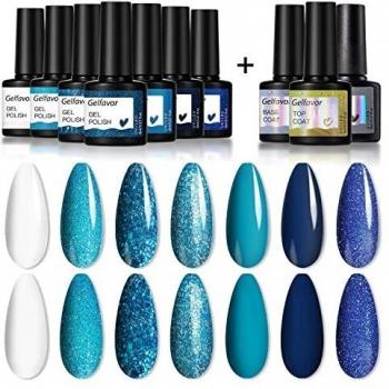GELFAVOR 10 pcs Esmaltes en Gel Semipermanente Brillantina Azul Blanco Pintauñas Para Uñas Permanente 8ml Manicura Colores UV LED Soak Off Set de Regalo