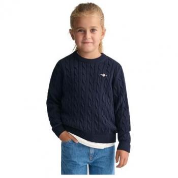 Suéter de algodón unisex para niños con cuello redondo y punto de ochos, color azul marino (5/6 años = 110/116 cm)