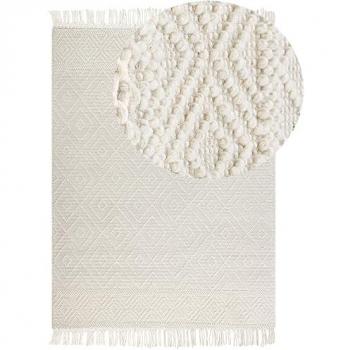 Alfombra Beige de Lana Hecha a Mano con Flecos 160 x 230 cm Estilo Boho