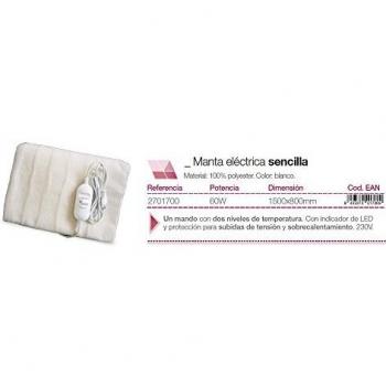 Manta eléctrica sencilla 150x80cm. 60W - Blanca
