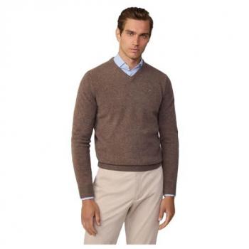Jersey de hombre Hackett Punto Lambswool Cuello V Malt Beige con logo bordado, lana de cordero, talla L