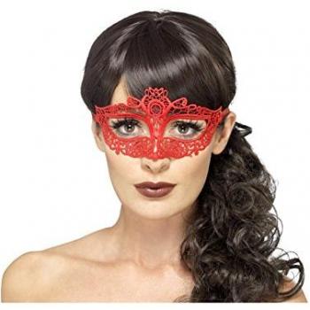 Smiffy's-45627 Antifaz Bordado con Filigrana de Encaje, Color Rojo, Talla única