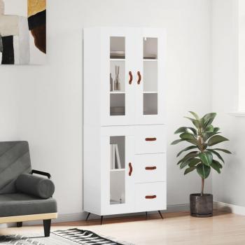 Aparador alto de madera contrachapada blanco brillo 69,5x34x180 cm con 1 puerta de cristal y 3 cajones, mueble de almacenaje para salón, buffet y armario auxiliar