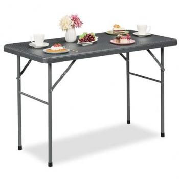 Mesa Jardín Plegable Efecto Ratán, Rectangular, Resistente, Plástico y Acero, 74 x 121,5 x 61 cm, Gris