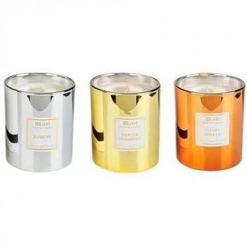 Conjunto de 3 velas aromáticas multicolor 100% cera de soja con mecha de algodón en vidrio, fragancias de tarta de manzana y jazmín, estilo Metallic Glamour