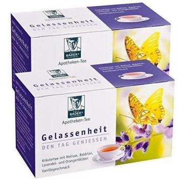 BADERs de la farmacia. Té serenidad. Con hierbas, lavanda, valeriana y bálsamo. Disfruta el día, duerme bien por la noche. 2 x 20 bolsas filtrantes.