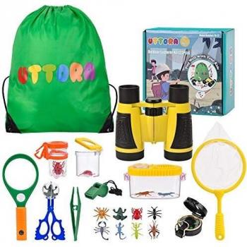 Kit de Exploración para Niños 22 en 1, Juego de Explorador para Niños para Niños UTTORA Prismáticos/Binoculares, Silbato, Brújula, Lupa, 6 Arañas Plasticas, Regalo para Navidad, los Reyes