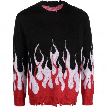Multicolor Jacquard Flames Round-Neck Sweater for Men - Black/Red/White, Size XL