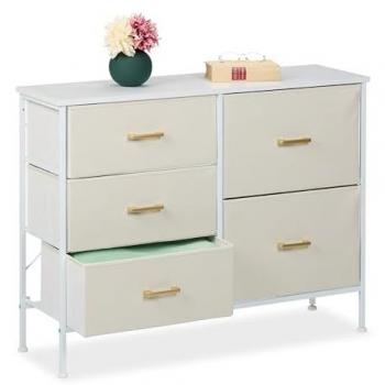 Cómoda 5 Cajones de Tela Terciopelo, 76 x 100 x 31 cm, Mueble Recibidor y Cajonera para Pasillo y Dormitorio, Blanco y Dorado