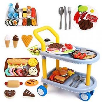 RuiDaXiang Carrito de Comida para niños,Juego de Roles para niños, Juguetes Grandes para Coche Comedor y 98 Piezas de Accesorios de Comida, Cocina y vajilla, para niños / niñas a Partir de 3 años