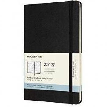 Moleskine - Agenda Mensual de 18 Meses, Agenda 2021/2022, Agenda Mensual con Tapa Dura y Cierre Elástico, Tamaño Grande 13 x 21 cm, Color Negro, 128 Páginas