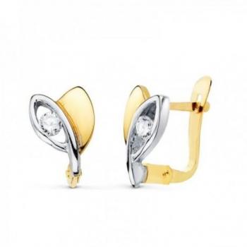 Pendientes de oro bicolor 18k para niña de Primera Comunión con dos hojas y circonita en el centro