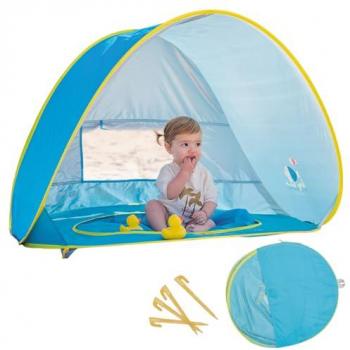 Olmitos - Tienda Pop UP de bebé con piscina para playa y jardín – Manta/Parasol protector de sol y viento – Plegable compacto muy ligero – Incluye funda y ganchos para el suelo