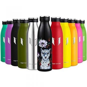 Super Sparrow Botella de Agua Acero Inoxidable- 350ml/500ml/750ml - sin BPA - islamiento de Vacío de Doble Pared, Botellas Frío/Caliente, Reutilizable para Niños, Colegio, Sport, Gimnasio, Bicicleta