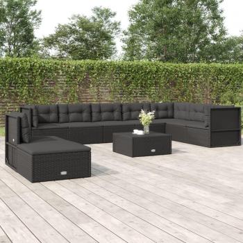 9 Piece Black Poly Rattan Garden Lounge Set with Cushions